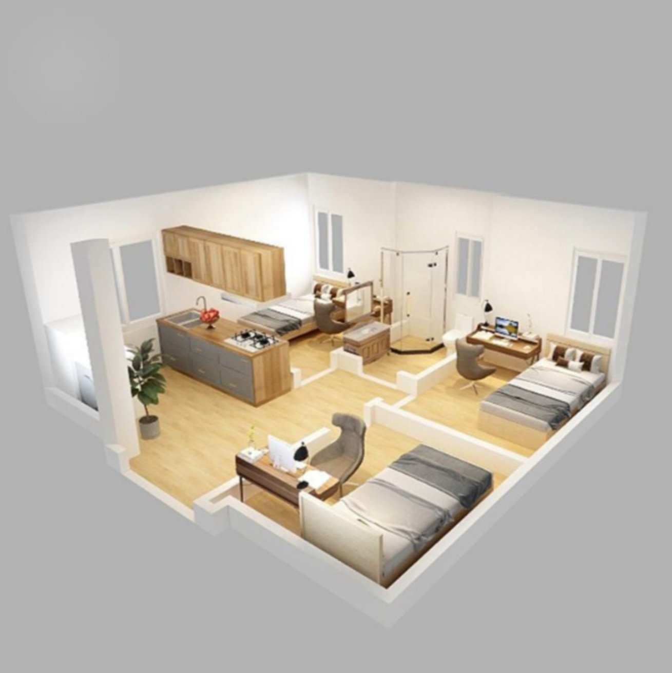 Plan intérieur maison container 35m² — 2 chambres, séjour, cuisine, salle de bain