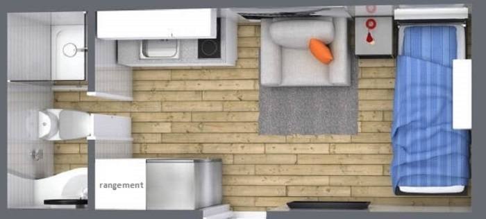 Plan vue de dessus studio container 14m² — salle d'eau, kitchenette, espace vie